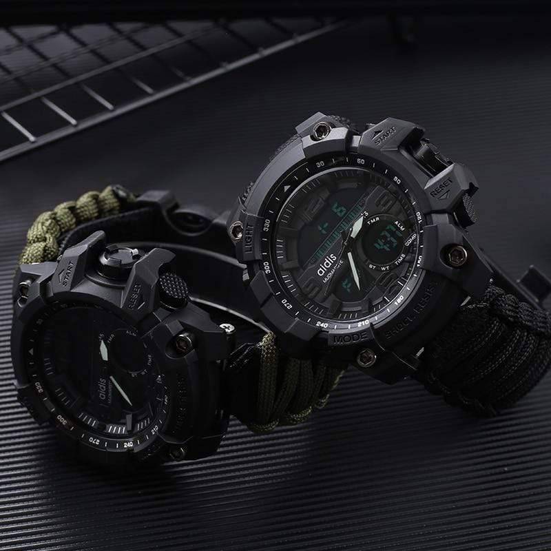 Rugged men's digital watch, designed for hiking and outdoor survival, with a durable black strap.