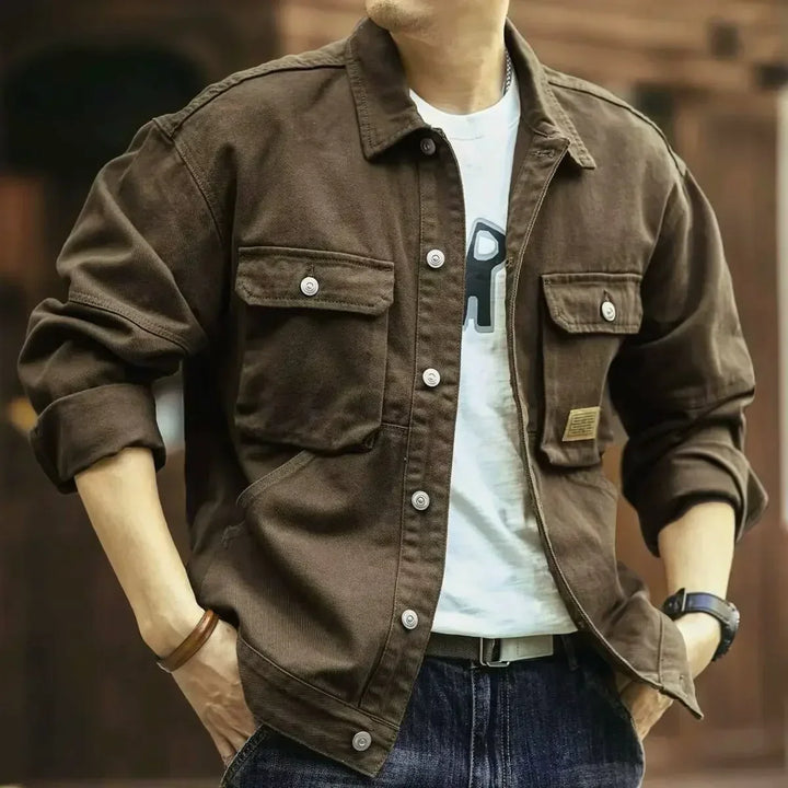 Olive green field jacket for men. Stylish & durable utility jacket, perfect for outdoor adventures & casual everyday wear.