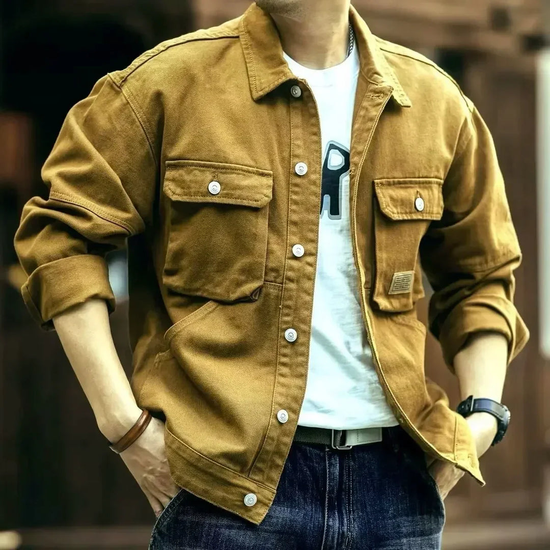 Dark brown men's rugged field jacket. Versatile & stylish everyday wear, durable for outdoor and casual activities.