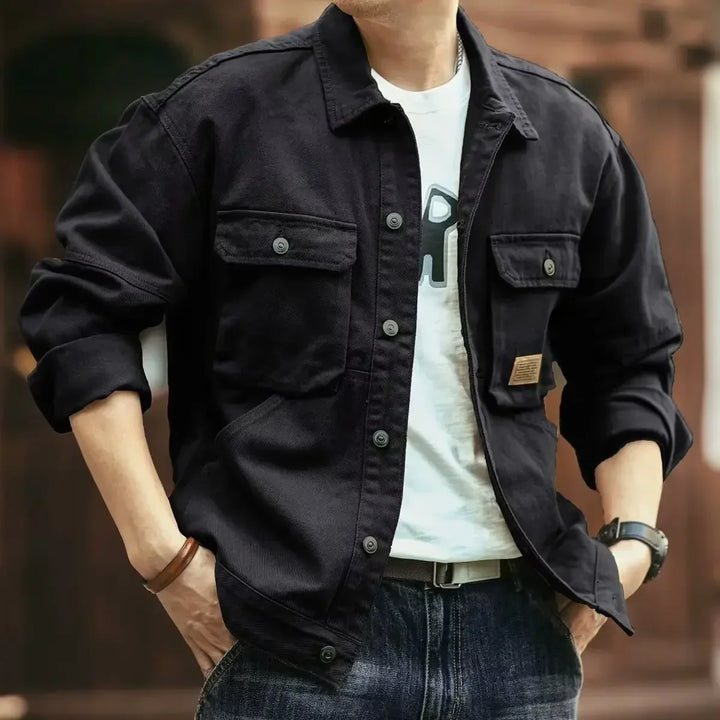 Black men's casual field jacket. Stylish & modern utility jacket, perfect for everyday wear and rugged outdoor style.