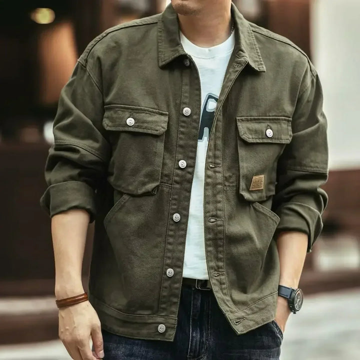 Men's stylish rugged field jacket. Versatile utility jacket in light brown, great for outdoor adventures & daily wear.