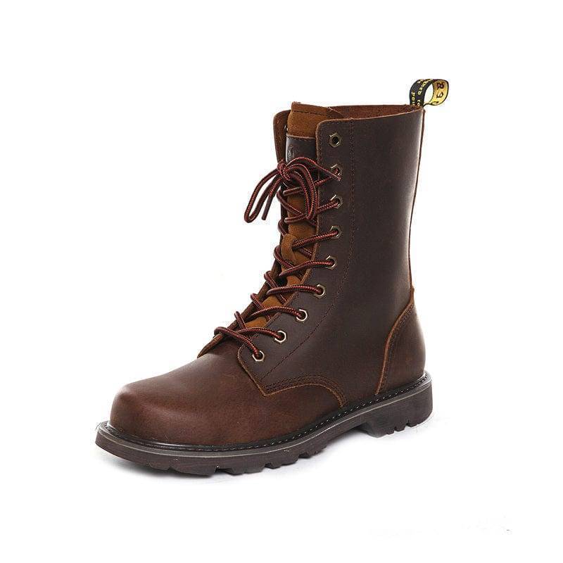 Close-up of a men's high-top leather hunting boot with detailed lacing and rugged sole