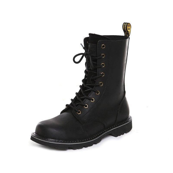 Side view of a men's heavy-duty high-top leather boot, ideal for hunting and outdoor use