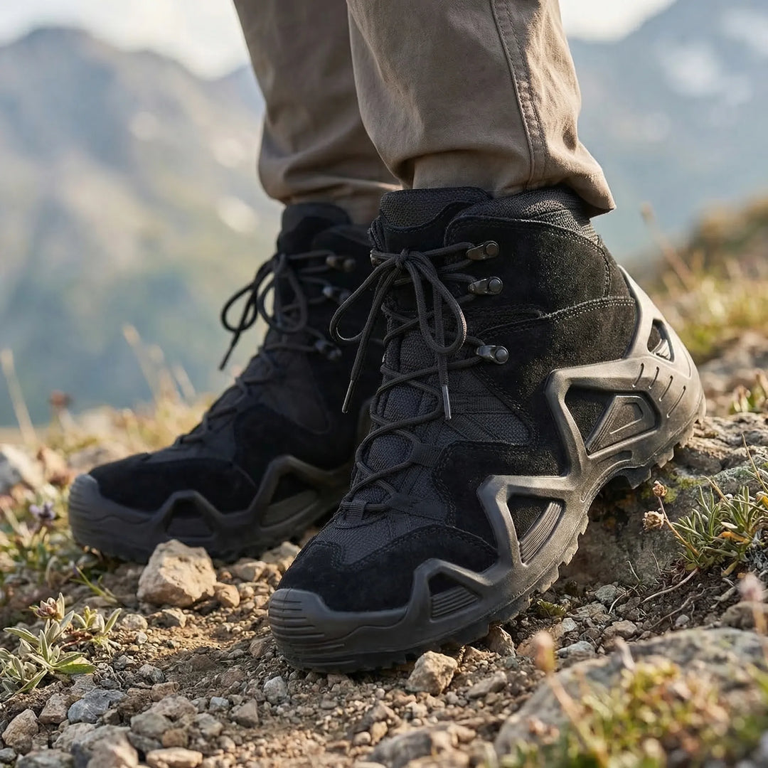 Men's rugged mid-top tactical hiking boots. Durable lace-up outdoor footwear for all-terrain adventures.