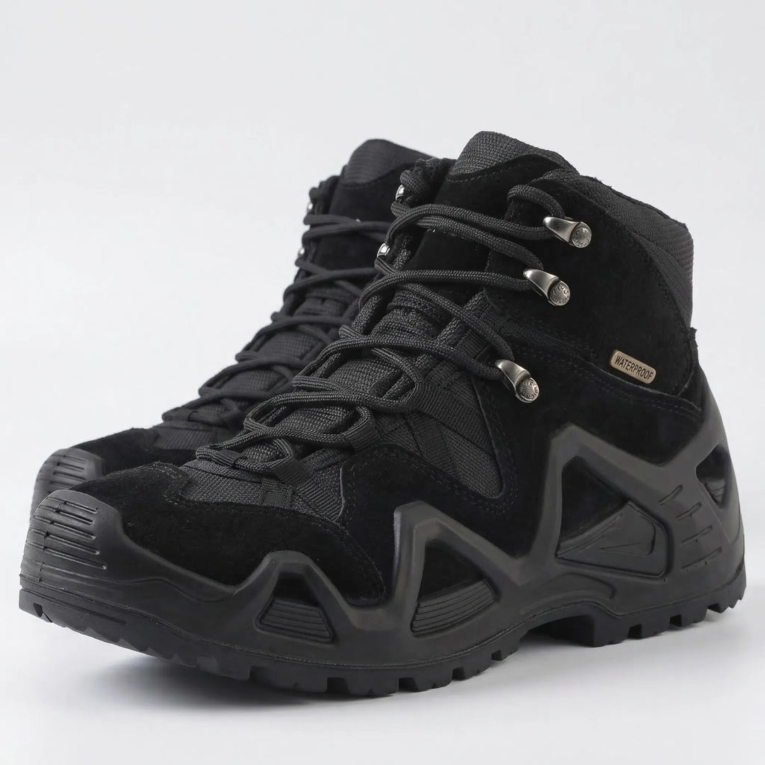 Lace-up men's rugged mid-top hiking boots. Durable, tactical, and adventure-ready outdoor footwear.