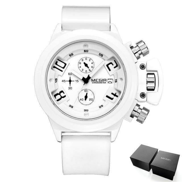 Heavy-duty men's quartz sports watch, large round face, shock-resistant design, black silicone band