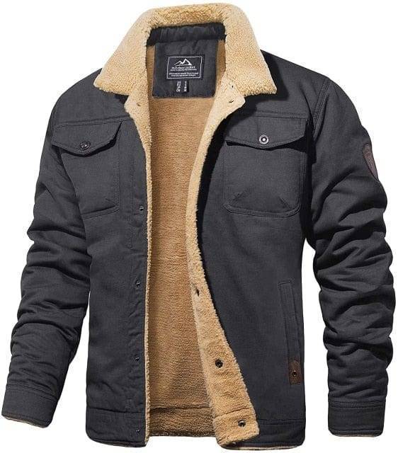 Close-up of sherpa lining in a men's rugged trucker parka, warm cotton blend winter coat