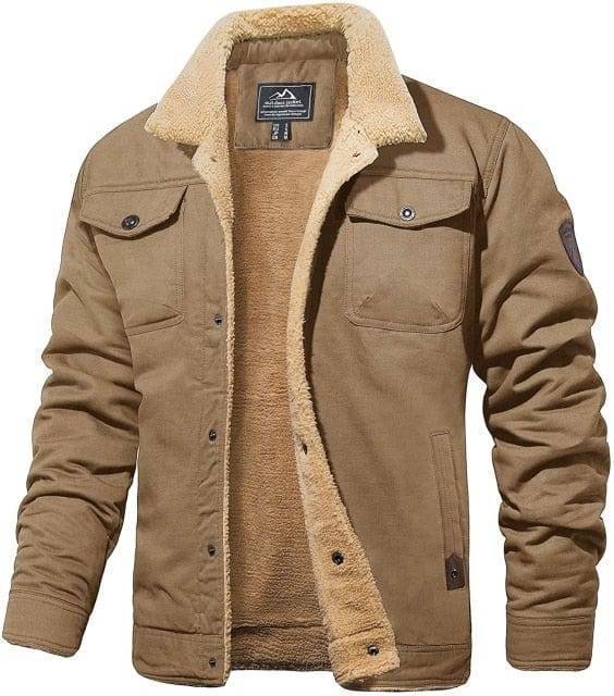 Rugged men's winter parka with sherpa lining, durable cotton blend trucker jacket for outdoors