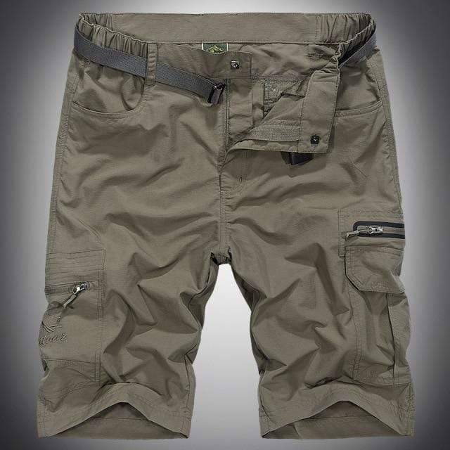 Men's rugged tactical shorts in olive, quick dry waterproof for hiking, camping, and outdoor adventures.