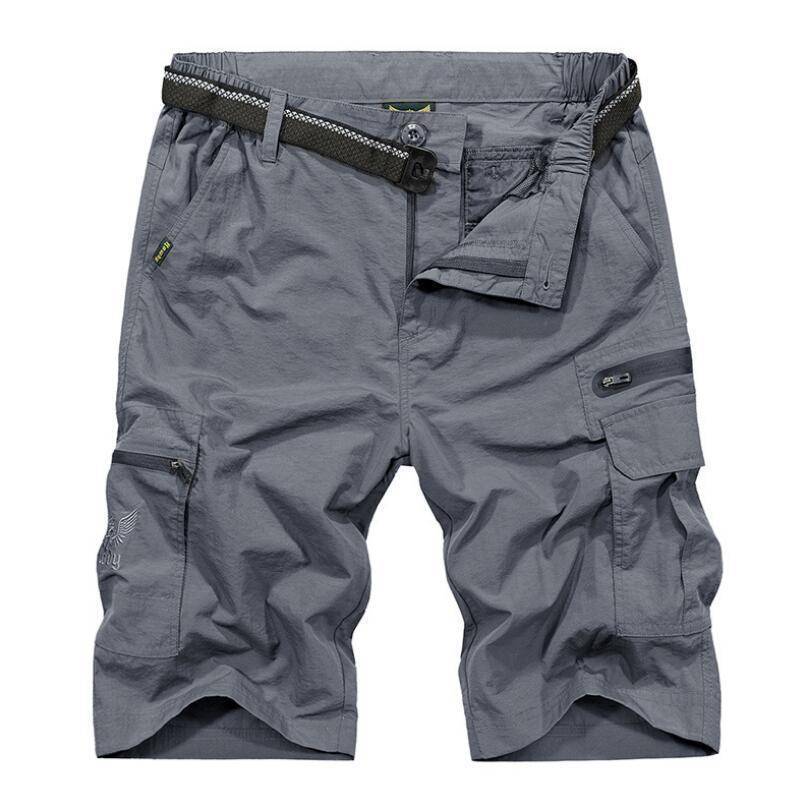 Close-up of waterproof men's hiking shorts fabric, showing durable and quick-dry texture for outdoor gear.