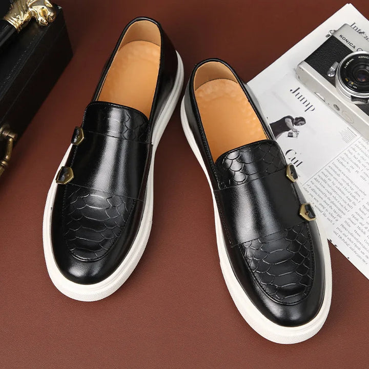 Comfortable men's Savile Row loafers. Croc embossed texture & elegant gold buckle. Stylish slip-on footwear.