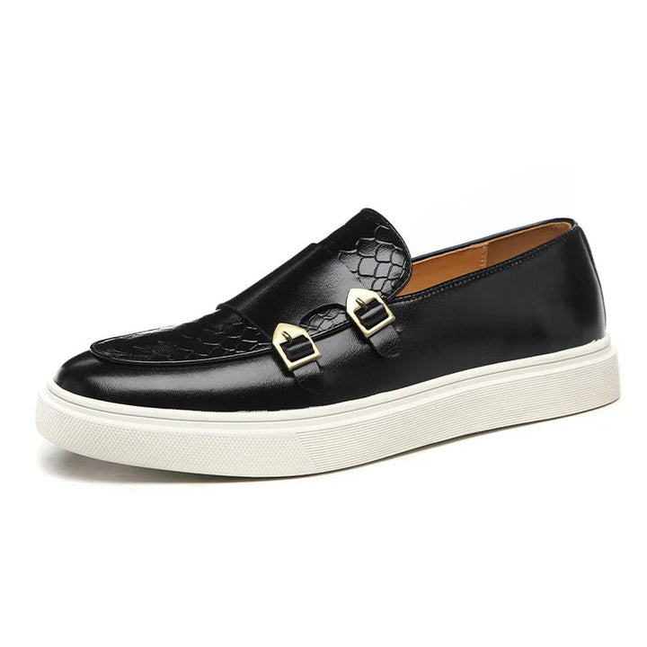 Savile Row men's slip-on loafers. Croc embossed upper with distinguished gold buckle. Premium men's dress footwear.