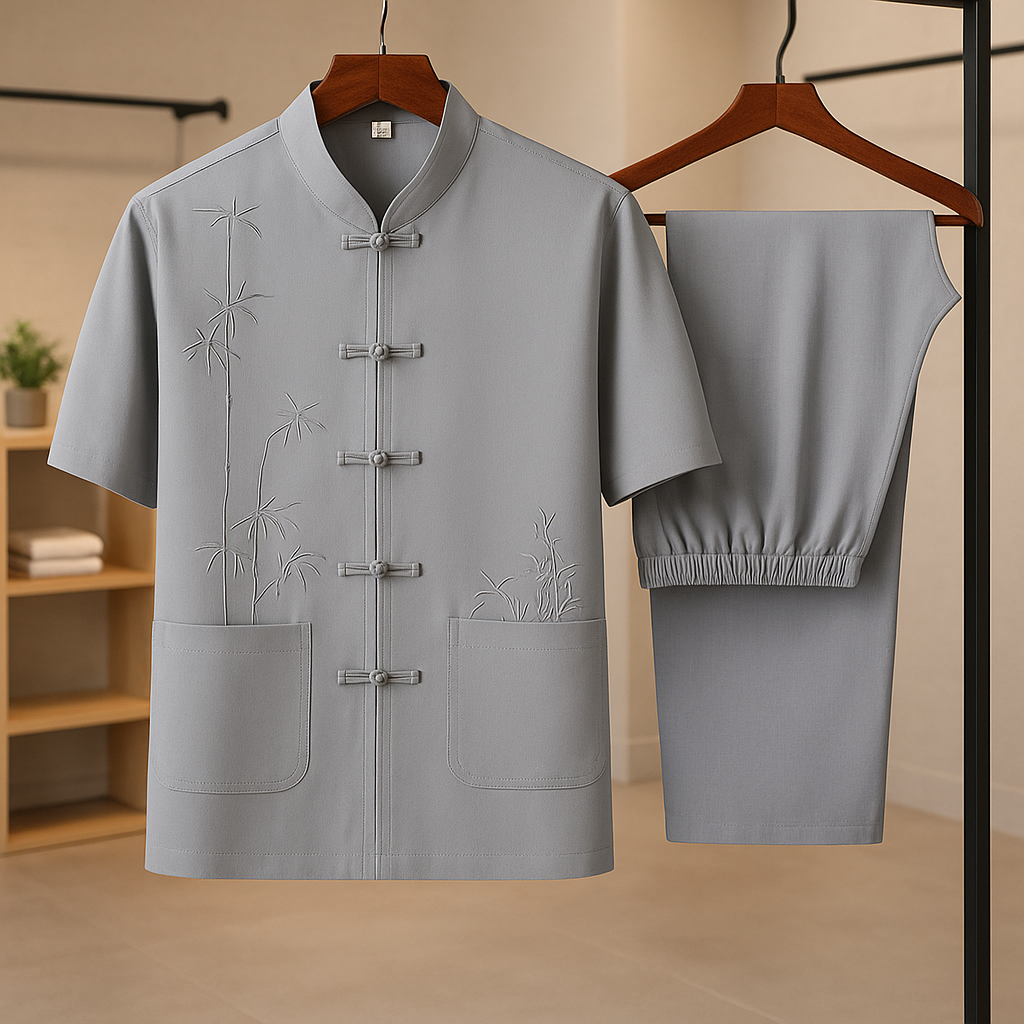 Stylish men's Sereno 2-piece set with embroidered detail; a comfortable, relaxed-fit summer outfit.