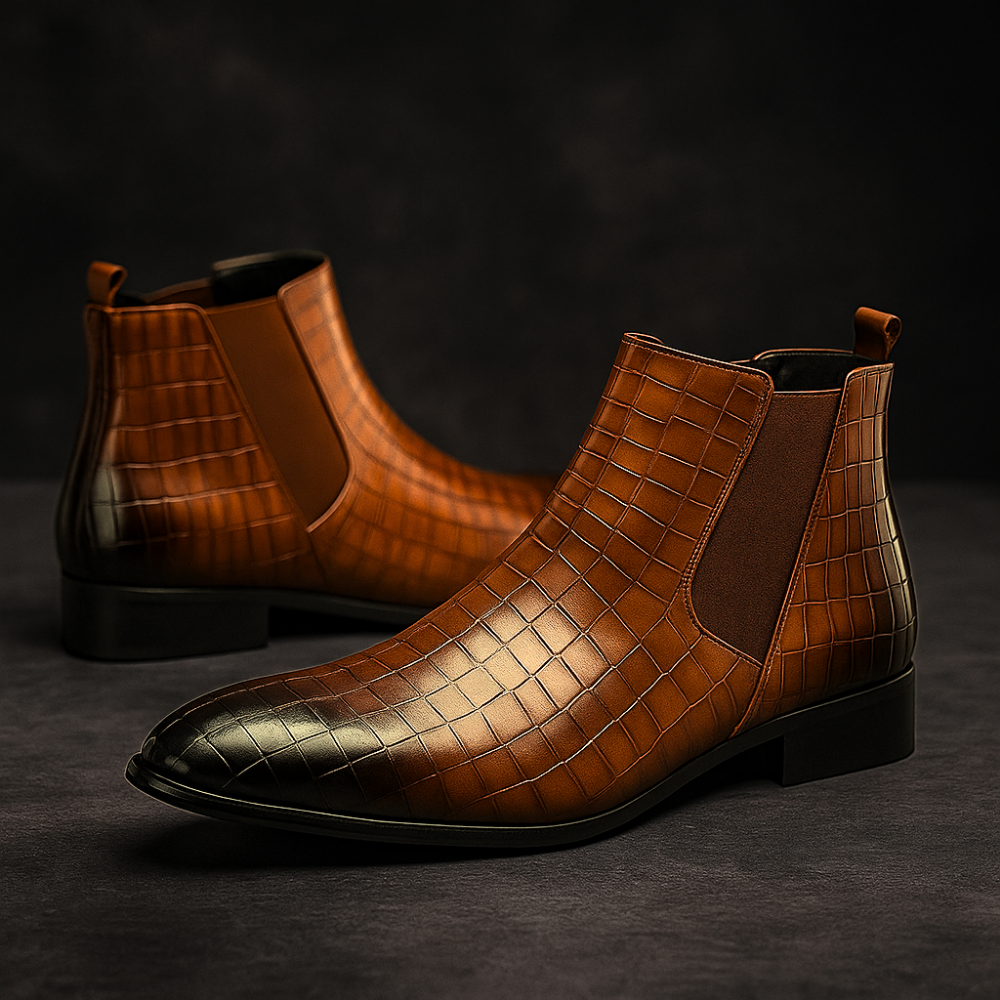 Detailed view of men's Sevilla alligator Chelsea boots. Textured genuine alligator leather, slip-on design.