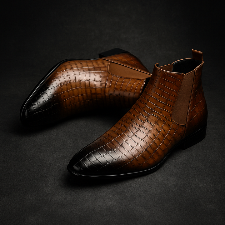 Men's Sevilla alligator Chelsea boots. Formal slip-on dress boots for elegant office or evening attire.