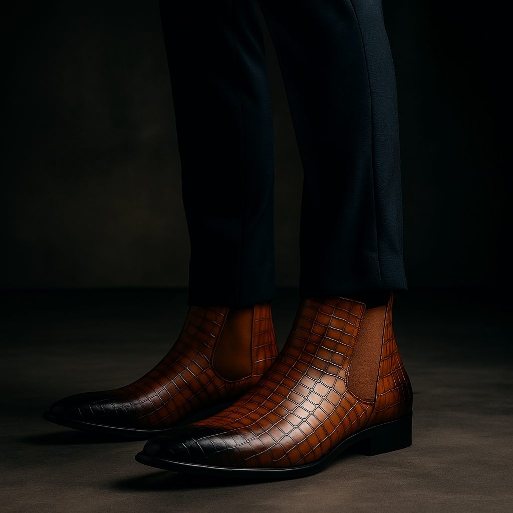 Exclusive Men's Sevilla alligator Chelsea boots. Premium genuine alligator leather dress boots with sleek profile.