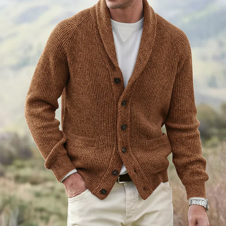 Premium men's knit shawl collar cardigan. Warm, comfortable knitwear offering timeless style for fall & winter.