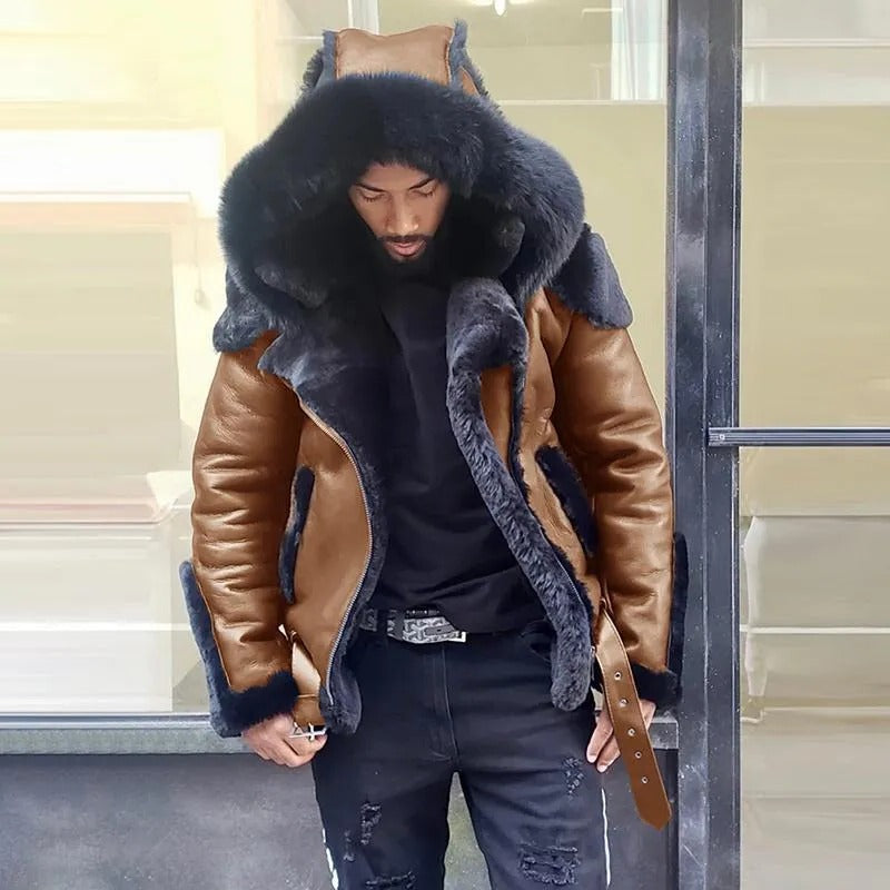 Stylish men's sheepskin leather winter jacket with warm fur hood. Rugged biker design for cold weather casual wear.