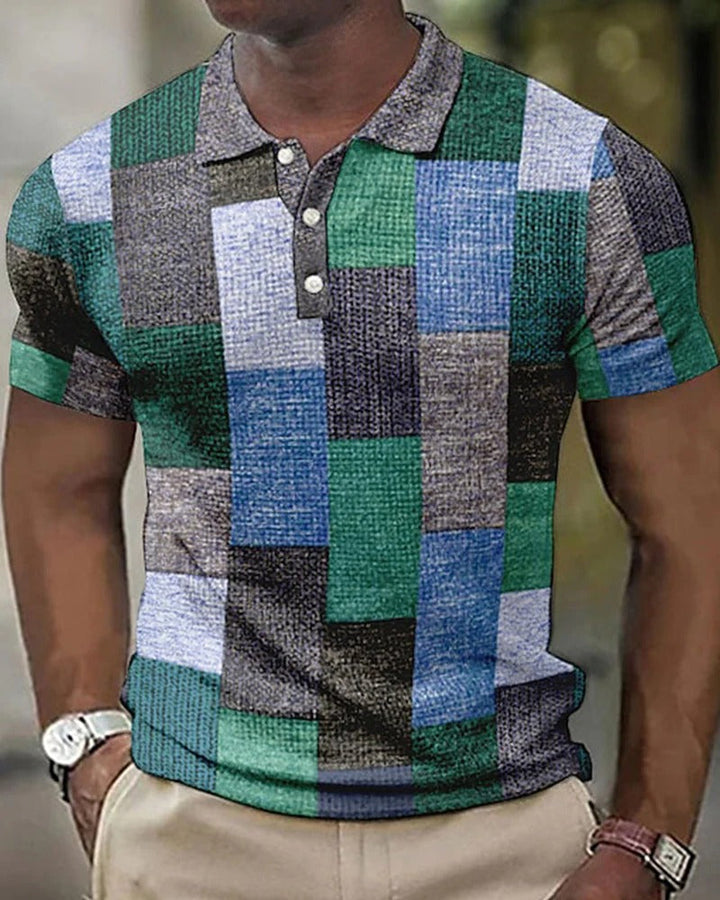Men's short-sleeve checkered polo shirt with a modern grid design, perfect for casual summer wear.