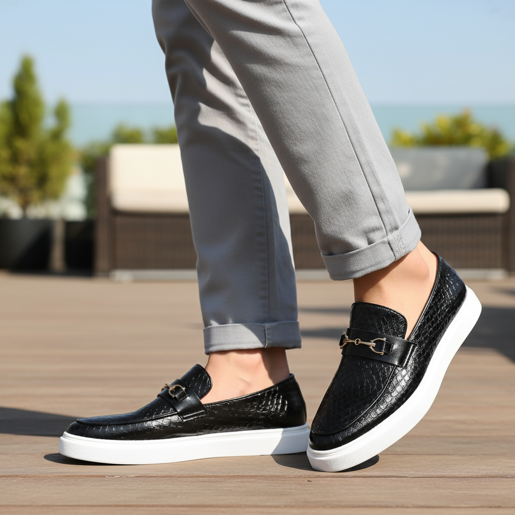 Classic black men's Siena slip-on loafers; stylish dress shoes for any formal occasion.