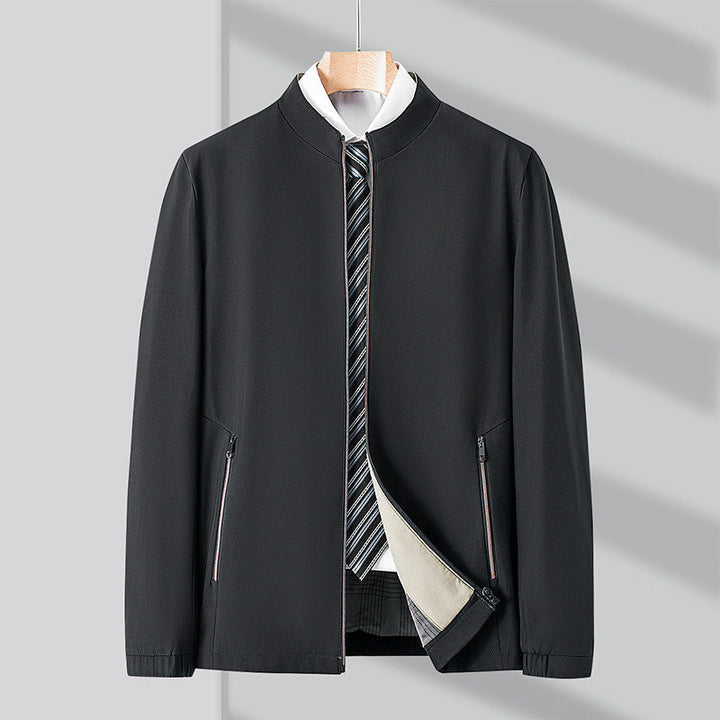Stylish men's black comfort jacket featuring secure zipper pockets and a sleek design.