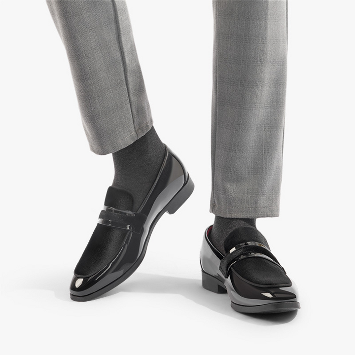 Polished leather men's dress loafers, slip-on style formal shoes, great for event & wedding wear.