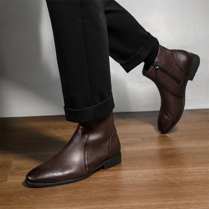 Sleek men's professional ankle boots with side zip closure and pointed toe.