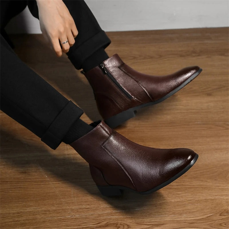 Stylish men's side zip ankle boots, pointed toe for a contemporary, versatile look.