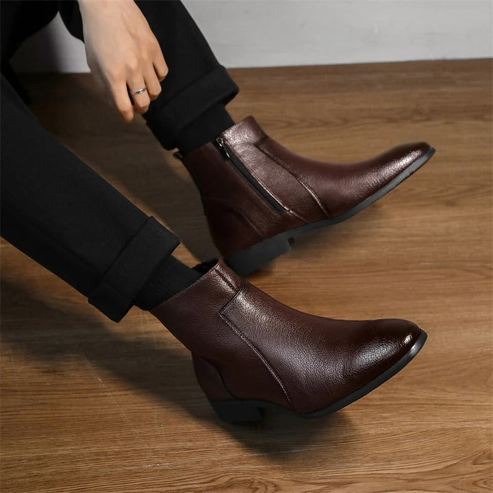 Stylish men's side zip ankle boots, pointed toe for a contemporary, versatile look.