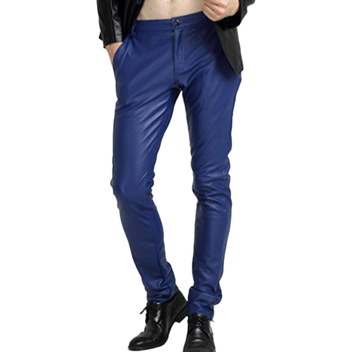 Black men's tapered biker trousers, fitted silhouette for a contemporary urban fashion statement.