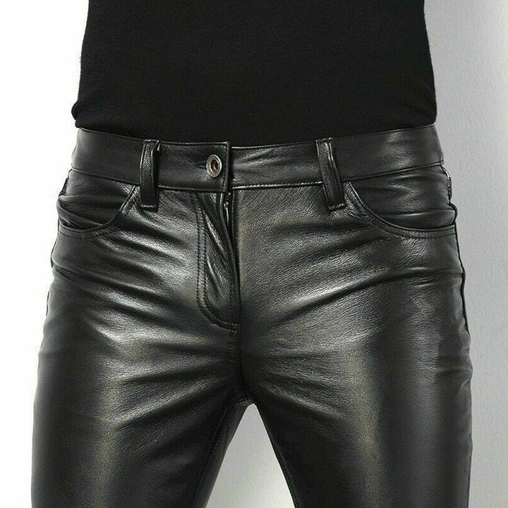 Elegant men's slim fit leather trousers. Sleek design for formal or casual wear, enhancing men's modern fashion.