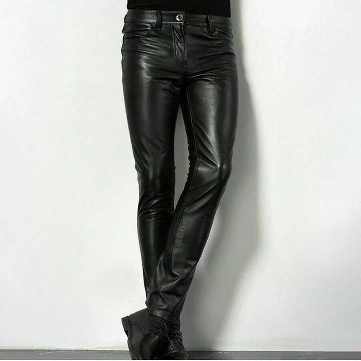 Men's modern slim fit leather pants for sleek, versatile style. Ideal men's fashion trousers for any occasion.