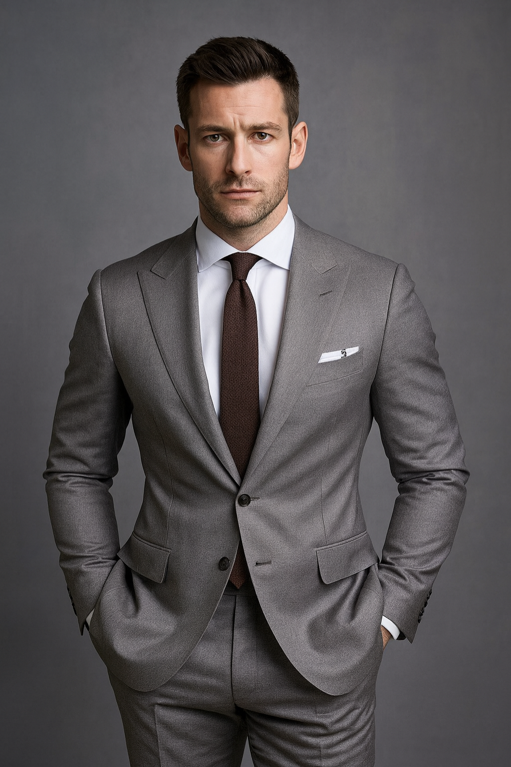 Men's slim fit business suit, two-piece, modern formal attire for professional work & events.