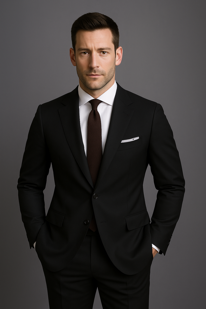 Tailored men's slim fit suit for business & formal events. Modern two-piece professional work attire.