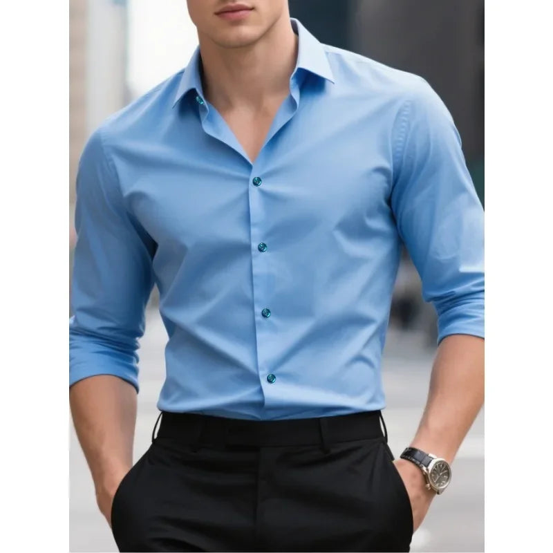 Man wearing a stylish slim fit button-down long sleeve shirt, showcasing its versatile design.