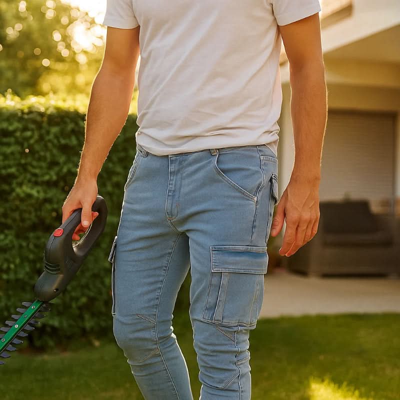 Comfortable men's denim cargo jeans, slim fit, with practical pockets for a versatile casual style.