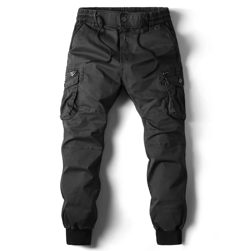 Comfortable men's slim fit cargo joggers with multiple utility pockets, ideal for casual wear, active lifestyles, and streetwear.