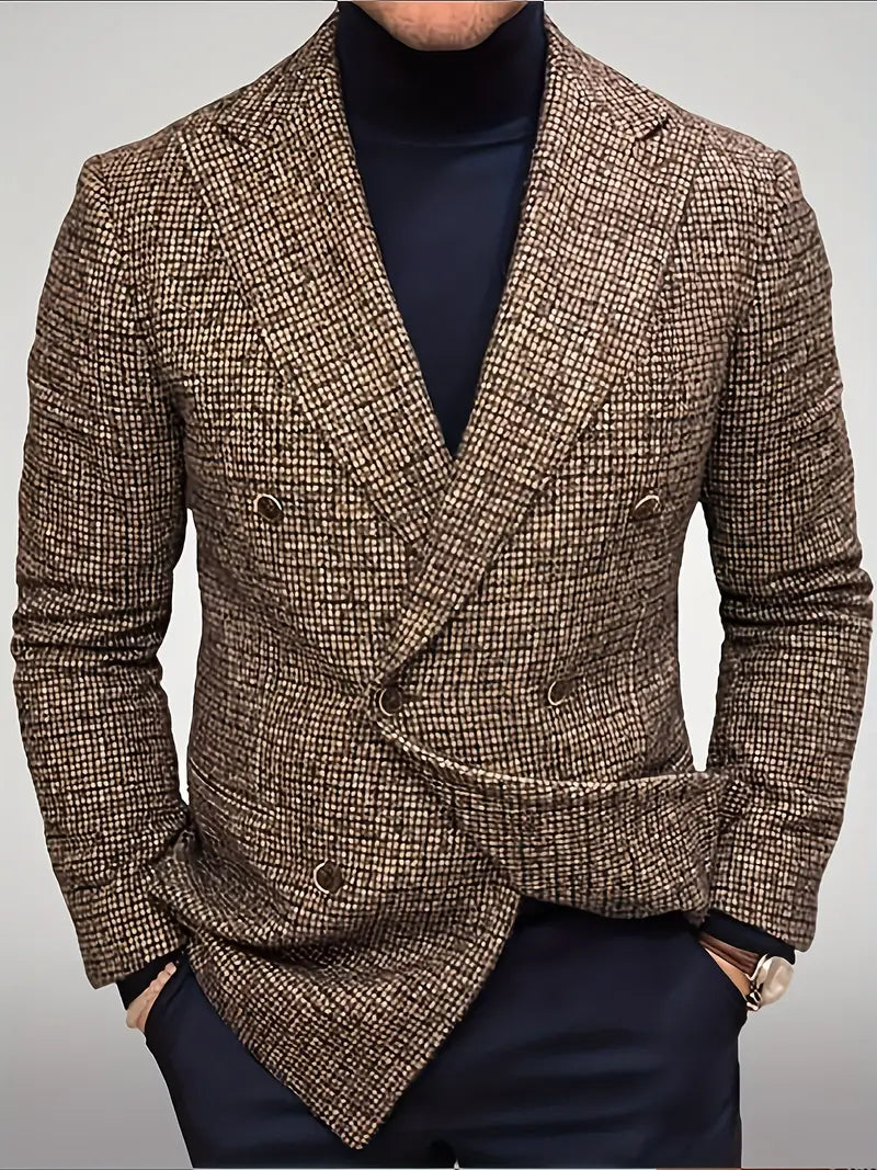 Men's slim fit check double-breasted blazer for a modern, sophisticated look, ideal for smart casual or formal events.