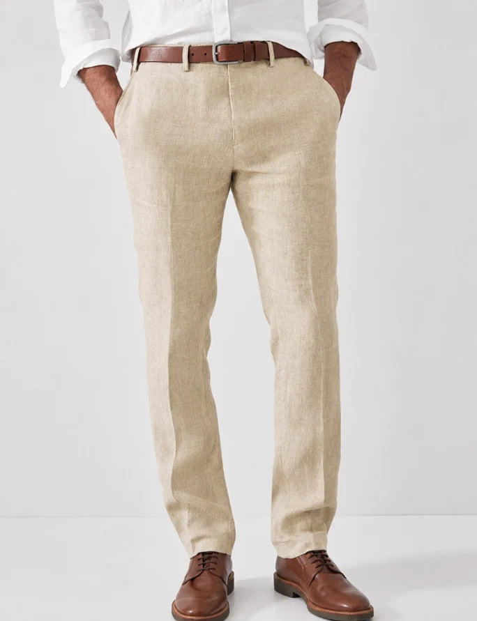 Men's slim fit linen dress pants, perfect for summer business casual. Lightweight & tailored for comfort.