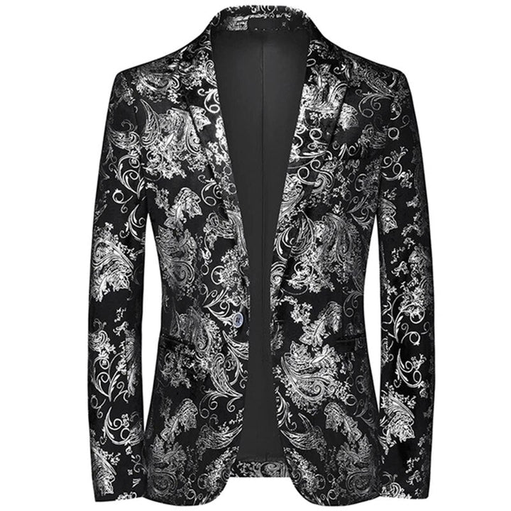 Men's slim-fit patterned blazer, ideal for business, formal events, or stylish casual wear. Modern menswear.