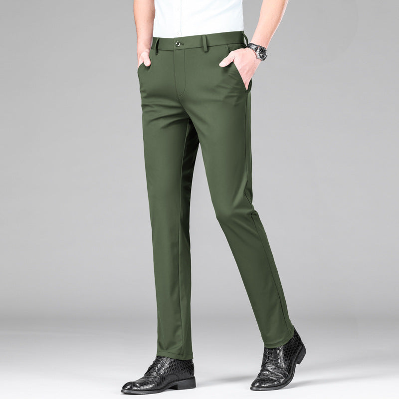 Khaki men's slim fit performance pants. Versatile stretch trousers with moisture-wicking & breathable features.