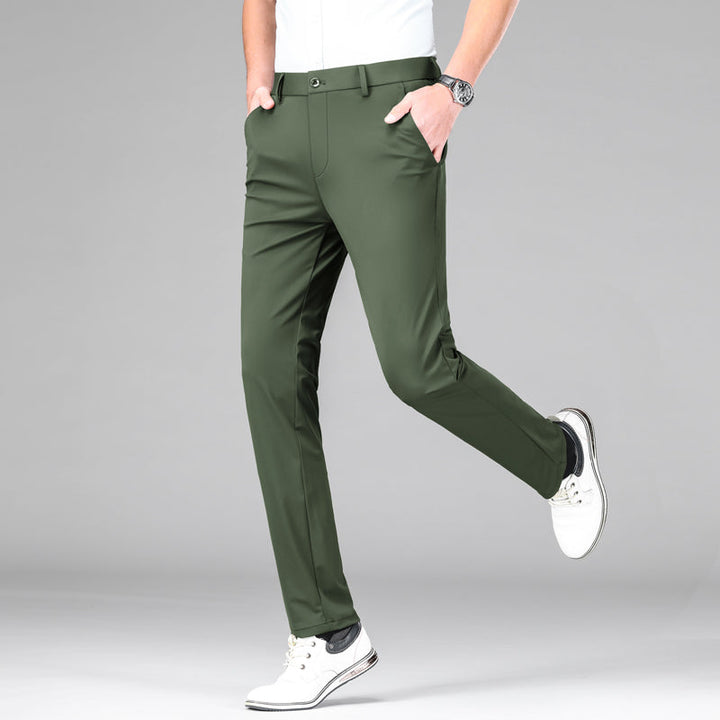 Navy slim fit men's dress pants, offering stretch comfort and breathability for active or travel wear.