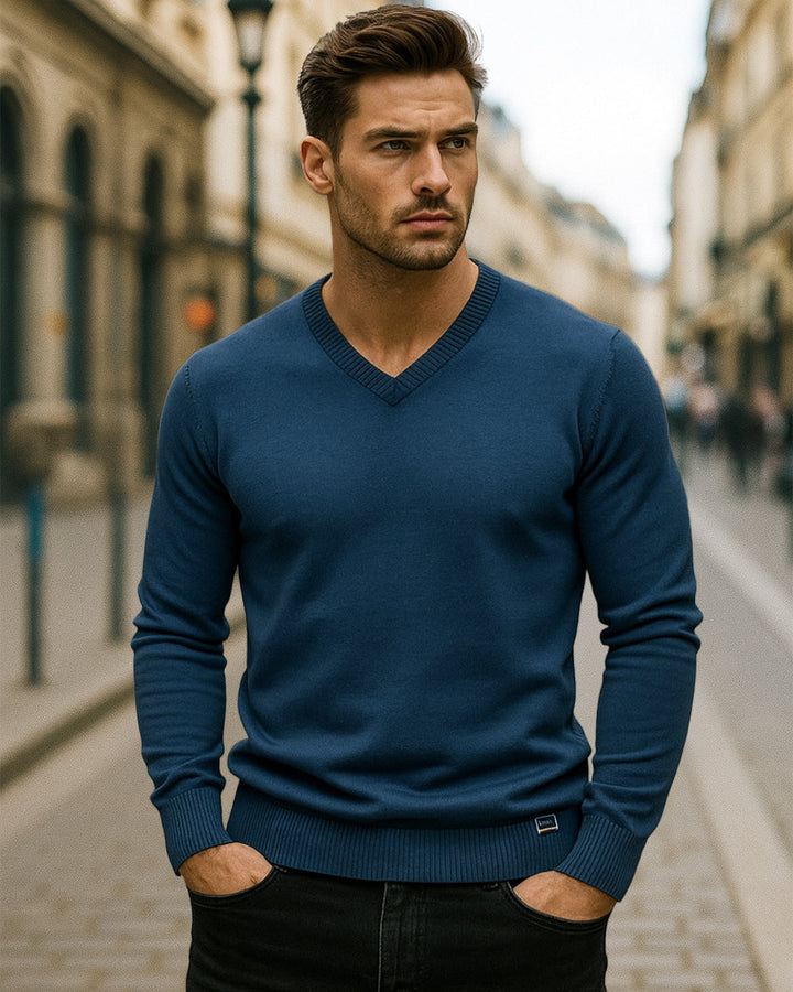 Men's casual V-neck ribbed sweater, comfortable and ideal for layering in men's fashion.