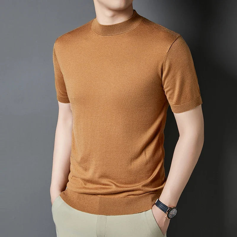 Modern men's mock neck t-shirt, short sleeve & slim fit design. Great for versatile fashion.