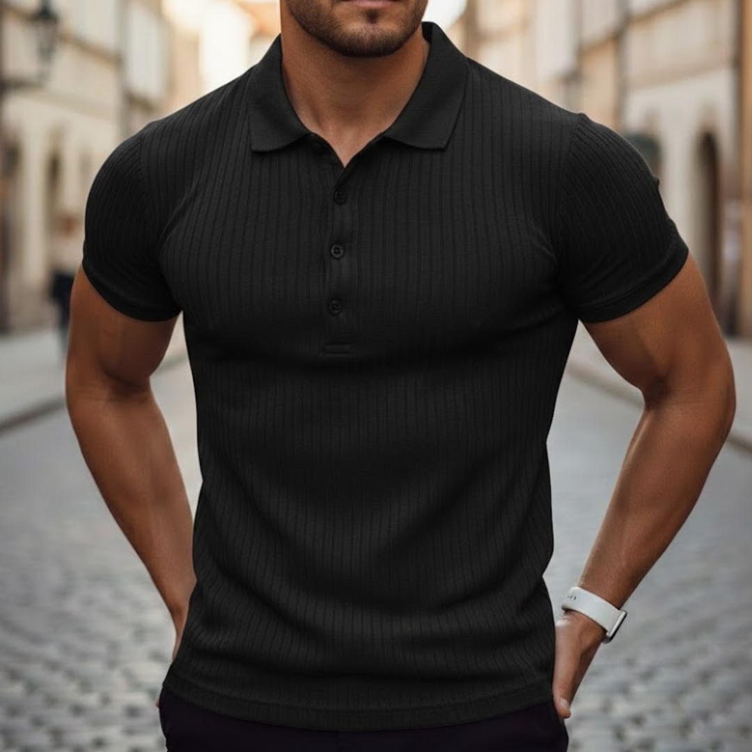 Stylish men's slim fit short sleeve polo, ideal for a modern casual and comfortable look.