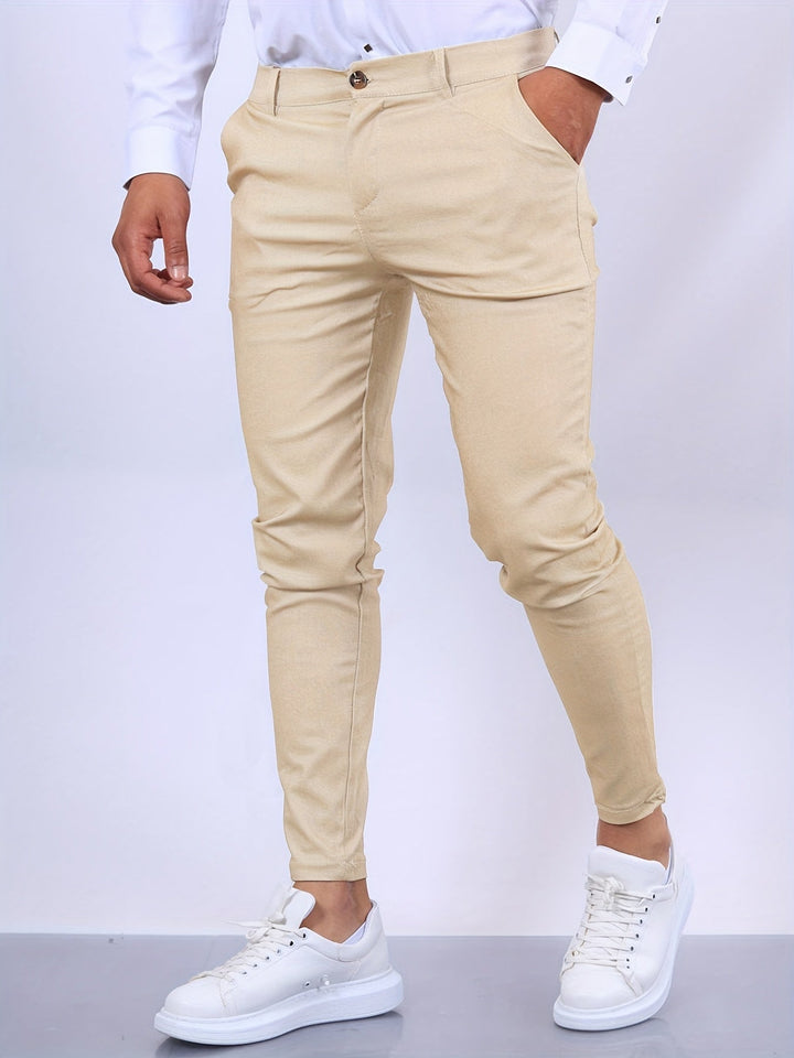 Fashionable men's slim fit stretch chinos, providing all-day comfort and a sharp look.