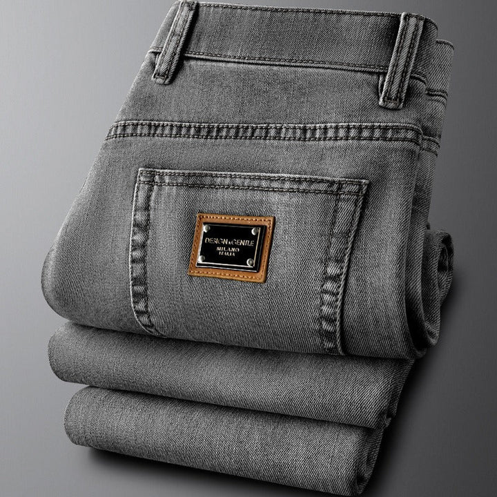 Comfortable men's gray denim jeans, slim fit with stretch for daily wear.