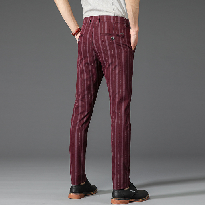 Men's sophisticated slim fit striped dress pants, essential for office, formal, and smart casual outfits.
