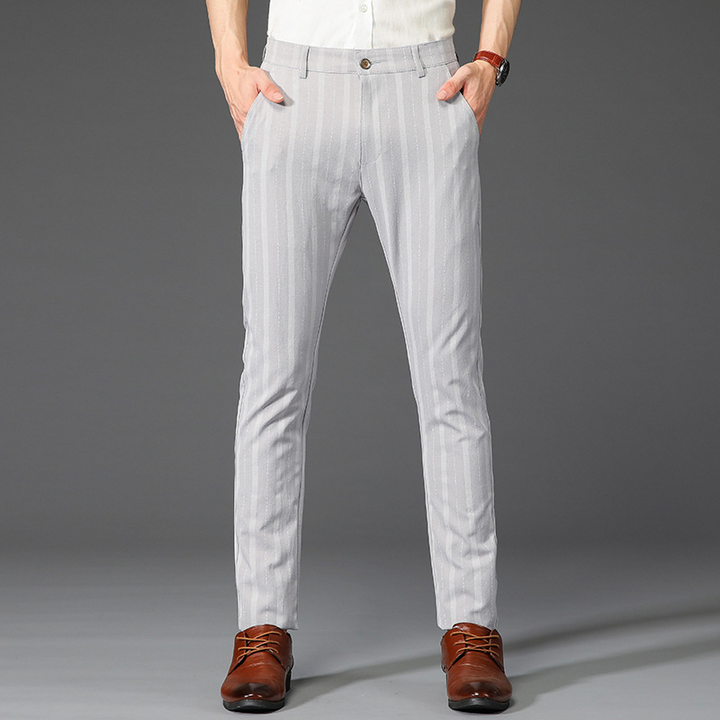 Sophisticated slim fit men's striped trousers, ideal for business and formal occasions.