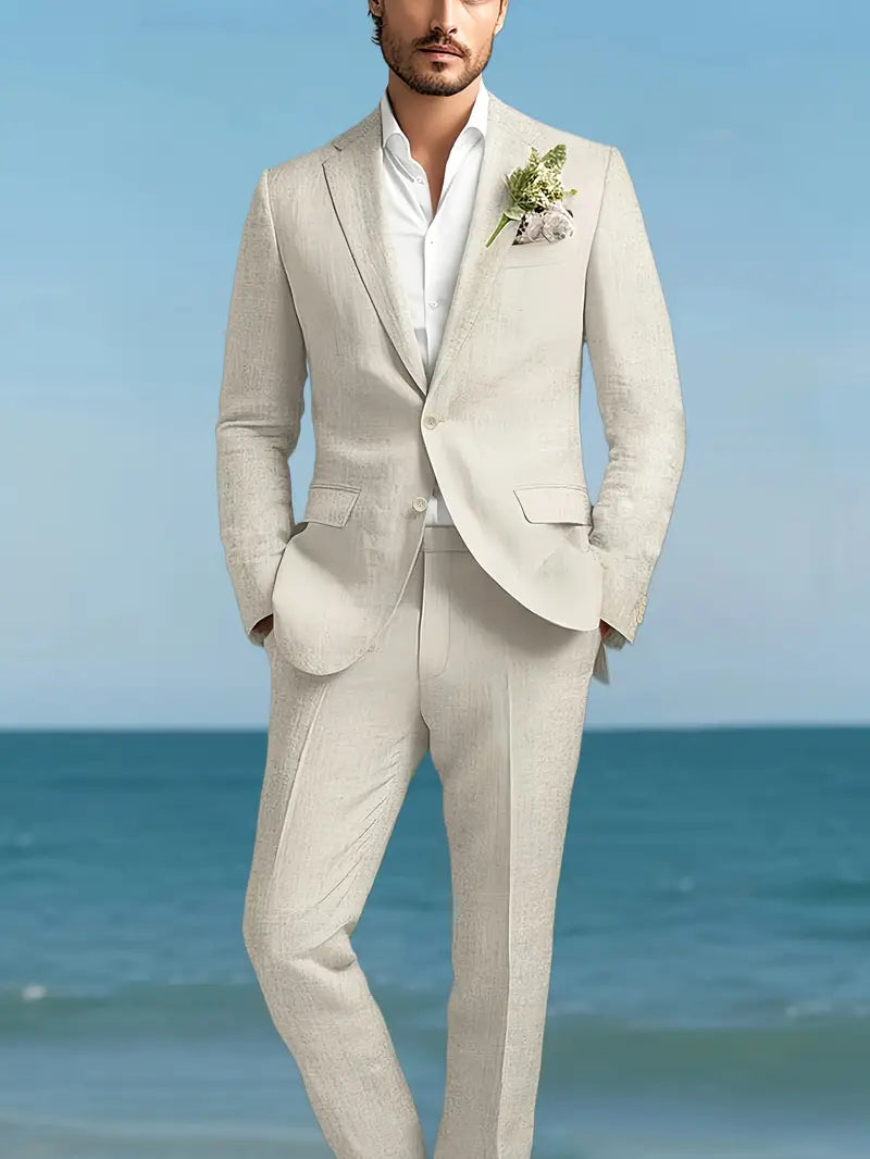 Men's slim fit suit set, two-piece blazer & trousers. Ideal for formal events, business, & weddings.